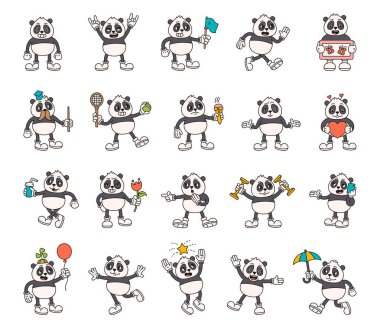 Mutlu ve komik karikatür sahneleri ve tasarım projeleriniz için çeşitli nesneler tutarken farklı poz veren sevimli hayvanları gösteren harika bir panda karakter seti.