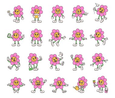 Elinde çeşitli nesneler olan, gülümseyen, ayakta, yürüyen, zıplayan, meditasyon yapan, alışveriş yapan, sulayan, resim yapan, komik, sevimli yüzleri olan harika bir karakter seti.