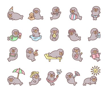 Yaz tatili Kawaii karakterleri yüzerken, dondurma yerken, dinlenirken, resimleriniz ve yaratıcı tasarım projeleriniz için top oynarken sahilde eğleniyorlar.