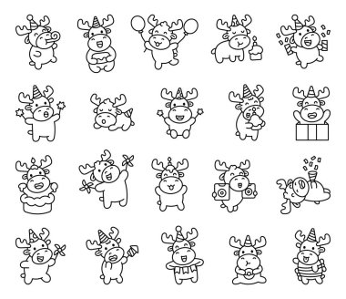 Geyik partisi sevimli kawaii karakteri parti şapkaları, balonlar, pastalar, konfetiler ve kutlama temalı tasarım illüstrasyonları için çeşitli eğlenceli pozlar.