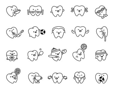 Diş sporu sevimli kawaii karakter set ekipman kullanarak ve farklı dinamik rekabetçi spor çizgi film sahnelerinde duygularını göstererek resimleme ve yaratıcı tasarım projeleriniz için