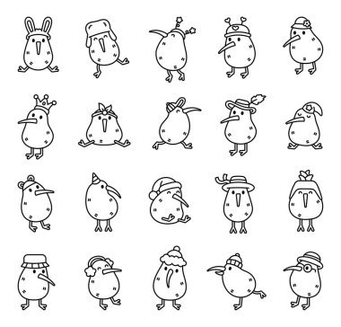 Kivi kuşları sevimli kawaii karakter seti farklı pozlarda çeşitli komik şapkalar giyiyor ve sevimli karikatür için ruh halleri ve illüstrasyon ve yaratıcı tasarım projeleriniz için