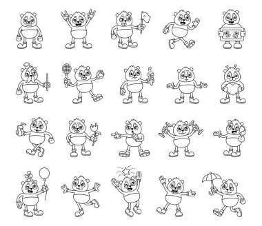 Mutlu ve komik karikatür sahneleri ve tasarım projeleriniz için çeşitli nesneler tutarken farklı poz veren sevimli hayvanları gösteren harika bir panda karakter seti.