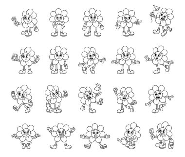 Elinde çeşitli nesneler olan, gülümseyen, ayakta, yürüyen, zıplayan, meditasyon yapan, alışveriş yapan, sulayan, resim yapan, komik, sevimli yüzleri olan harika bir karakter seti.