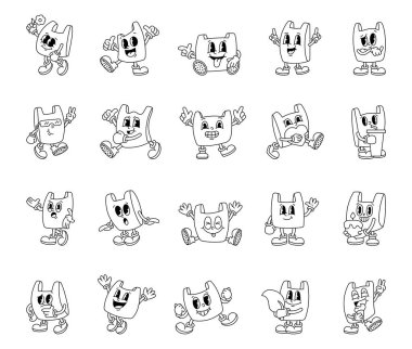 Çantalı, havalı karakter seti farklı duyguları gösteriyor. Başparmakları havada, el sallıyor, dans ediyor, hazır fincanı, pastayı, dondurmayı, projeleriniz için yaprak kalbi tutuyor.