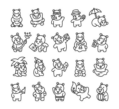 Su aygırı yaz kawaii karakterleri yüzerken, dondurma yerken, dinlenirken, resimleriniz ve yaratıcı tasarım projeleriniz için top oynarken sahilde eğleniyorlar.