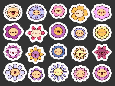 Çiçek karakteri sevimli kawaii seti botanik karikatür sembolleri kullanılarak oluşturuldu çiçek açan şekiller gülümseme dekorasyonu illüstrasyon ve yaratıcı tasarım projeleri