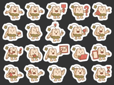 Çay poşeti rehberi karakter seti çeşitli duyguları gösterir, işaretleri tutar, gösterir, öğretir, düşünür ve fikirlerinizi açıklar illüstrasyon ve yaratıcı tasarım projeleriniz için.