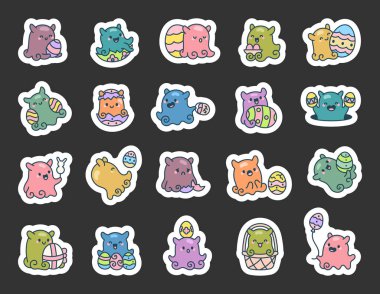 Dumbo Octopus 'un Paskalya karakterinin seti yumurta, balon taşıyan, sepetlerde gülümseyen, yiyeceklerin tadını çıkaran ve baharda senin projelerin için mutlu tatil anlarıyla dolu.