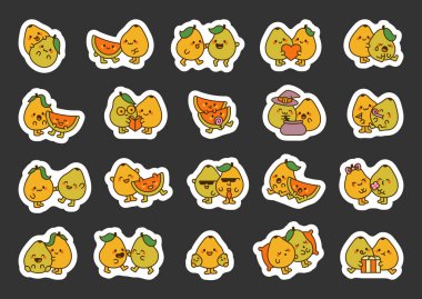 Kucaklaşma, öpücük, kalp, yemek, parti üfleyici ve tasarımlarınız için harika karikatür ilişkilerinde çeşitli duyguları olan Papaya çifti kawaii karakteri.