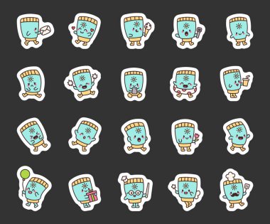 Dans, okuma, rahatlama, yemek pişirme, hediye verme, gülümseme, yürüme ve tasarım projeleriniz için eğlenme dahil olmak üzere farklı hareket ve duygulara sahip sevimli bir kawaii karakteri seti.