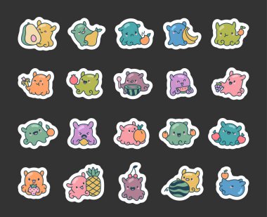 Dumbo ahtapot meyveli tatlı kawaii karakter seti farklı yemekler tutan ve mutlu bir şekilde gülümseyen sevimli deniz hayvanlarını gösteriyor, çizimler ve yaratıcı tasarım projeleriniz için.