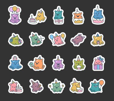 Dumbo ahtapot doğum günü kawaii karakter seti parti şapkası, balonlar, pasta, mumlar, hediyeler, konfeti, maytap ve festival unsurları resimleme ve yaratıcı tasarım projeleriniz için mükemmel.