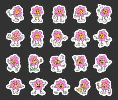 Elinde çeşitli nesneler olan, gülümseyen, ayakta, yürüyen, zıplayan, meditasyon yapan, alışveriş yapan, sulayan, resim yapan, komik, sevimli yüzleri olan harika bir karakter seti.