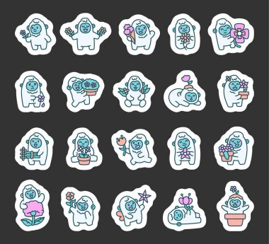 Yeti çiçek sevimli kawaii karakter seti farklı duyguları gösteren ve gülümseyen, mutlu, oturan, selamlayan, uyuyan, tapılası bir peri buketi ve çömlekle poz veren