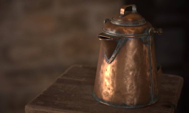 Eski ahşap taburede eski bakır kahve demliğinin 3 boyutlu çizimi