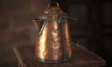 Eski ahşap taburede eski bakır kahve demliğinin 3 boyutlu çizimi