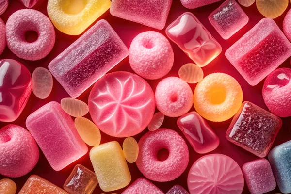 Sortierte Rosa Gummibärchen Hintergrund Von Oben Gelee Bonbons Generative Stockfoto