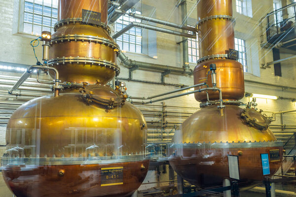 Laverstoke Mill, Whitchurch, Hampshire, UK. 25.02.25 Bombay Sapphire distillery, wide shot of copper equipment. High quality photo