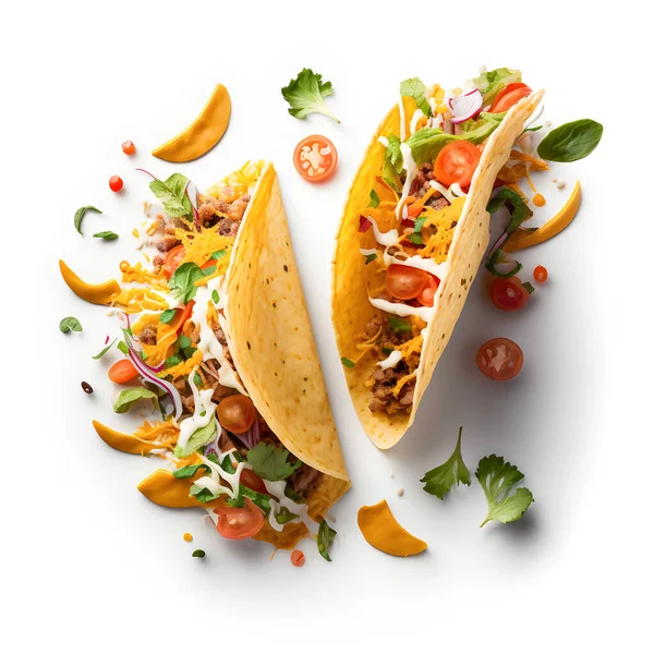 Tasty Tacos with Avocado, Salsa, and Lime White background