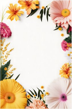 Top-view floral background photo with plenty of copy space, perfect for website backgrounds, social media posts, advertising, packaging, etc. Vibrant flowers, lush greenery, high-res image suitable for print & digital use, easily editable
