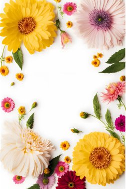 Top-view floral background photo with plenty of copy space, perfect for website backgrounds, social media posts, advertising, packaging, etc. Vibrant flowers, lush greenery, high-res image suitable for print & digital use, easily editable