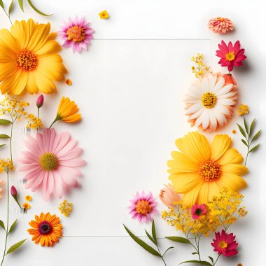 Top-view floral background photo with plenty of copy space, perfect for website backgrounds, social media posts, advertising, packaging, etc. Vibrant flowers, lush greenery, high-res image suitable for print & digital use, easily editable