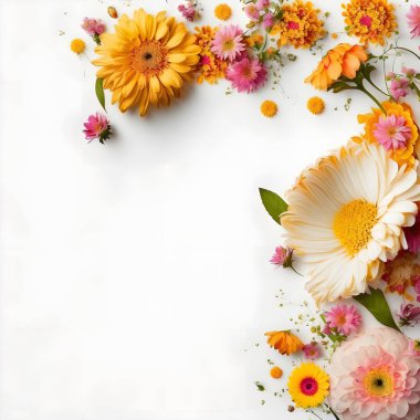 Top-view floral background photo with plenty of copy space, perfect for website backgrounds, social media posts, advertising, packaging, etc. Vibrant flowers, lush greenery, high-res image suitable for print & digital use, easily editable