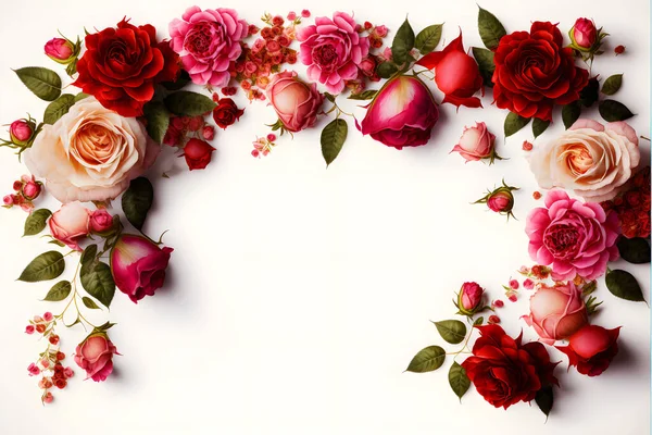 红色和粉红色的玫瑰花 中间有一个空白空间 完美地添加文字或重叠图形 这是一个惊人的图像 这张照片很适合在社交媒体 网站和营销资料中使用 — 图库照片