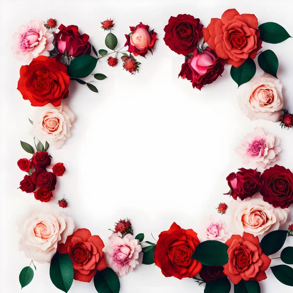 红色和粉红色的玫瑰花 中间有一个空白空间 完美地添加文字或重叠图形 这是一个惊人的图像 这张照片很适合在社交媒体 网站和营销资料中使用 — 图库照片