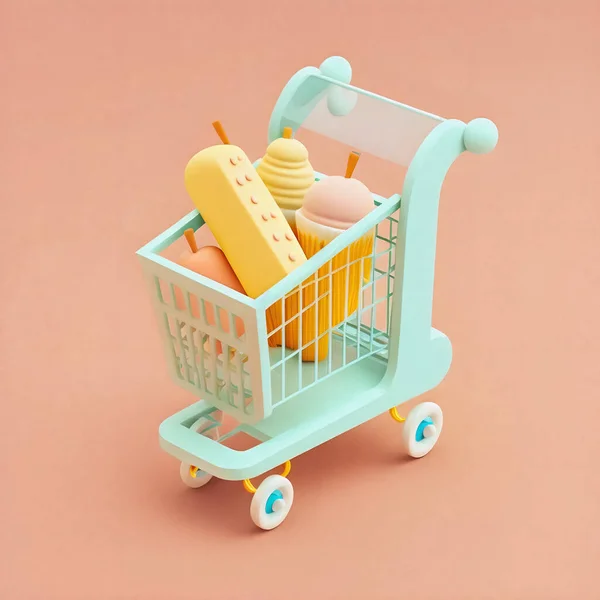 Cute & whimsical 3D shopping cart icon character perfect for e-commerce, retail projects, website icons, app buttons, marketing materials. Adorable cartoon-like design, cheerful colors, filled with items, 3D style gives depth & realism. High-res