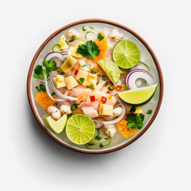 Beyaz arka plan yiyecek fotoğrafçılığı üzerine çarpıcı Ceviche. Latin Amerika 'nın sevgili yemeğinin canlı tadını minimalist ve sofistike bir şekilde vurgula. Yemek kitapları, yemek blogları ve menü için mükemmel