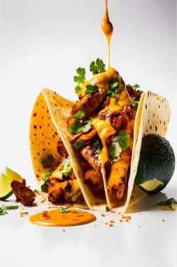 Beyaz arka planda renkli bir Tacos al Pastor. Sulu salamura edilmiş domuz eti, taze ananas ve sıcak mısır tortilla soslu kişniş. Yemek ve içecek reklamları, menü tasarımı ve yazı işleri için mükemmel bir görüntü.