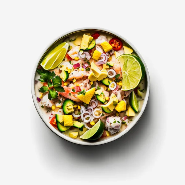 stock image stunning Ceviche on white background food photography. Highlight the vibrant flavors of Latin America's beloved dish in a minimalistic and sophisticated way. Perfect for cookbooks, food blogs, menu