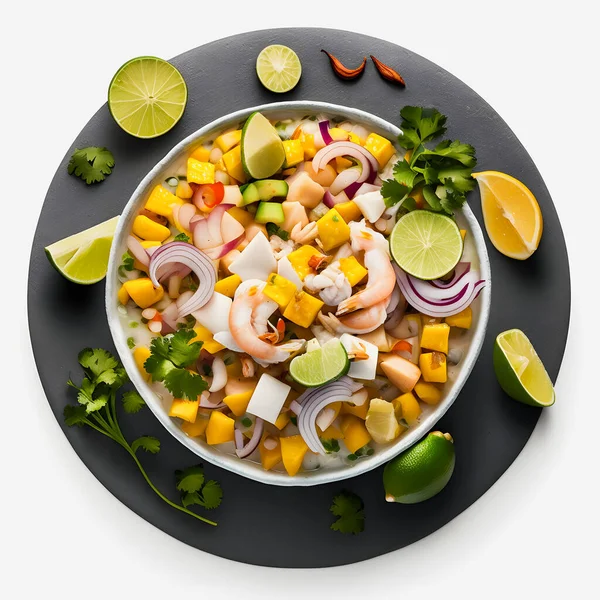 Stock image stunning Ceviche on white background food photography. Highlight the vibrant flavors of Latin America's beloved dish in a minimalistic and sophisticated way. Perfect for cookbooks, food blogs, menu