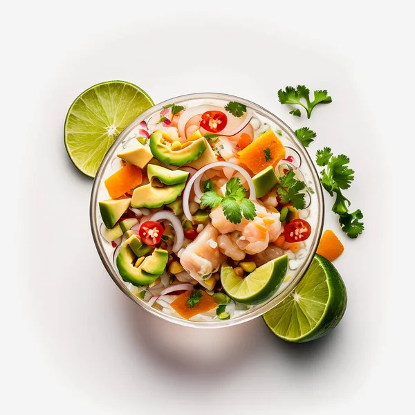 stock image stunning Ceviche on white background food photography. Highlight the vibrant flavors of Latin America's beloved dish in a minimalistic and sophisticated way. Perfect for cookbooks, food blogs, menu