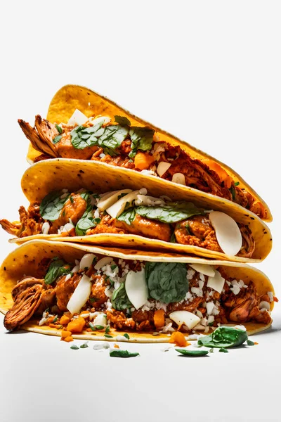 Beyaz arka planda renkli bir Tacos al Pastor. Sulu salamura edilmiş domuz eti, taze ananas ve sıcak mısır tortilla soslu kişniş. Yemek ve içecek reklamları, menü tasarımı ve yazı işleri için mükemmel bir görüntü.