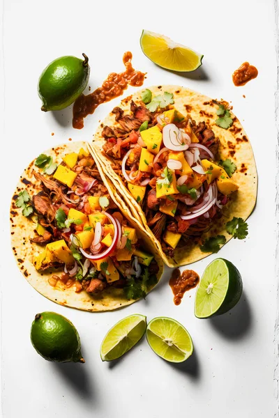 Ein Farbenfroher Tacos Pastor Auf Weißem Hintergrund Saftig Mariniertes Schweinefleisch — Stockfoto