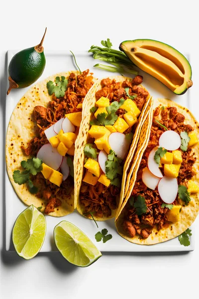 Colorful Tacos Pastor White Background Juicy Marinated Pork Fresh Pineapple — Stock Fotó