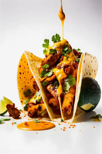 Färgglad Tacos Pastor Vit Bakgrund Saftigt Marinerat Fläsk Färsk Ananas — Stockfoto