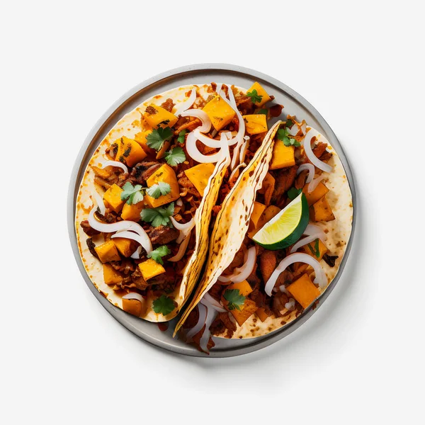 A colorful Tacos al Pastor on white background. Juicy marinated pork, fresh pineapple, and cilantro top a warm corn tortilla. Appealing image perfect for food and drink ads, menu design, and editorial