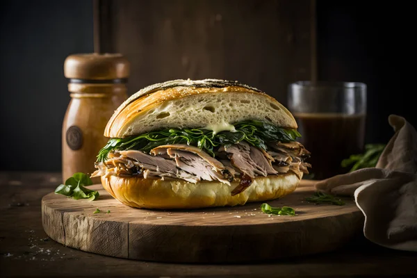 Celebrate the taste of Italy with our Porchetta sandwich photo collection. High-quality images showcase juicy pork roast, crispy crackling, herbs, and tangy sauce on a rustic background.
