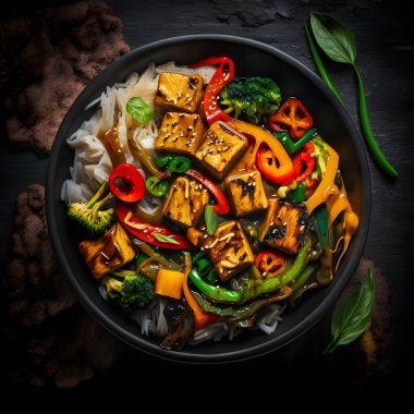 Tasty tofu stir fry with veggies, crispy tofu & fresh cilantro. Perfect vegan meal for healthy eating. Ideal for food blogs & cookbooks. Entice your audience to try this flavorful dish
