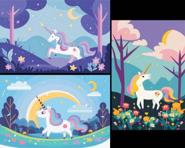 Get Lost in a Magical World with This Adorable Vector Illustration collection of a Unicorn in a Beautiful Nature Background - Perfect for Adding Whimsy and Enchantment to Your Projects