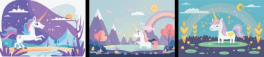 Get Lost in a Magical World with This Adorable Vector Illustration collection of a Unicorn in a Beautiful Nature Background - Perfect for Adding Whimsy and Enchantment to Your Projects