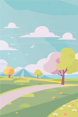 Peaceful natural landscape illustration with green trees, rolling hills, and a clear blue sky - perfect for any project needing a serene outdoor setting. This vector artwork