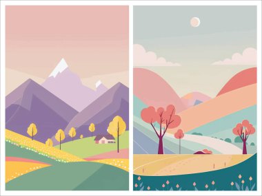 Peaceful natural landscape illustration with green trees, rolling hills, and a clear blue sky - perfect for any project needing a serene outdoor setting. This vector artwork