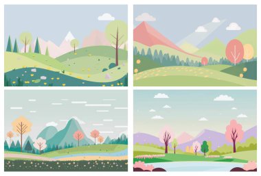 Peaceful natural landscape illustration with green trees, rolling hills, and a clear blue sky - perfect for any project needing a serene outdoor setting. This vector artwork