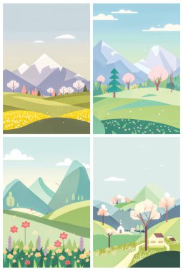 Peaceful natural landscape illustration with green trees, rolling hills, and a clear blue sky - perfect for any project needing a serene outdoor setting. This vector artwork