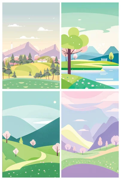 Peaceful Natural Landscape Illustration Green Trees Rolling Hills Clear Blue — Image vectorielle